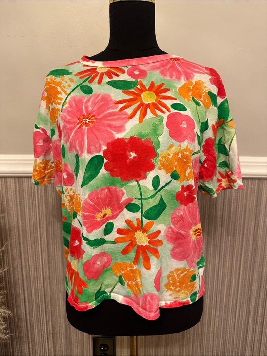 Zara Tops - Zara Floral Watercolor Print Short Sleeve Tee Top White Pink Orange Green Sz L